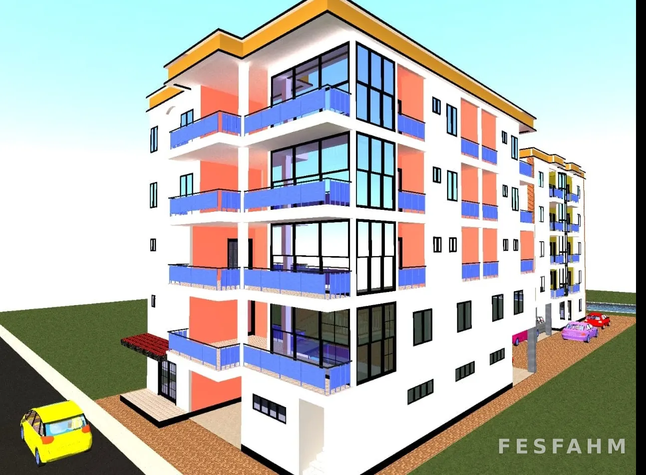 3D view of a white multi-storey apartment building with blue glass balconies, coral walls and cars parked along the side