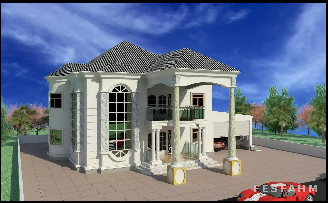 3D view of a white two-storey villa with tall columns, an arched window, a balcony, a grey tiled roof and a double garage
