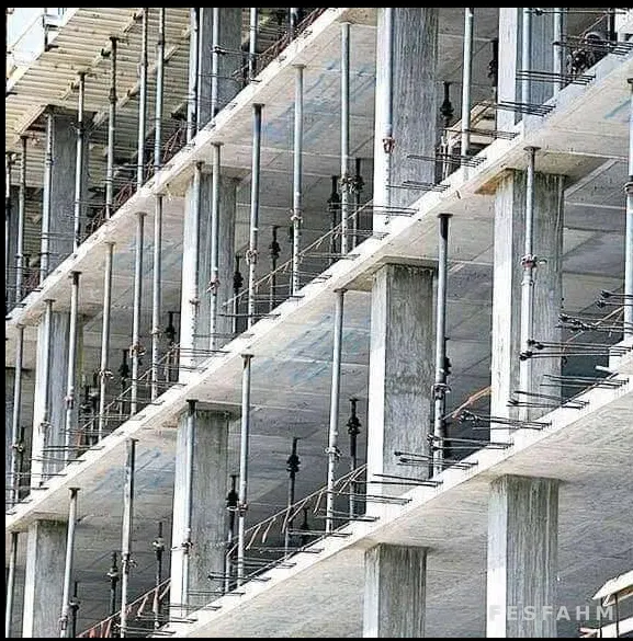 Multi-storey reinforced-concrete frame under construction, with columns, slabs and steel props supporting each floor