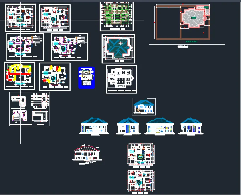 Set of architectural drawings for a house in CAD: floor plans, roof plan, structural layout, elevations and a site plan
