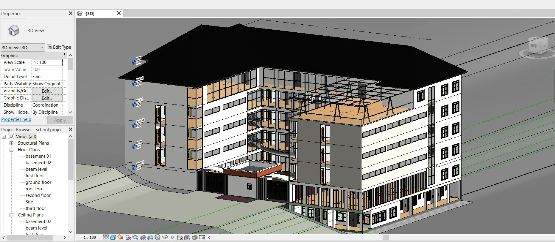 3D model of a multi-storey school building in Revit, with the project's floor plans listed beside it