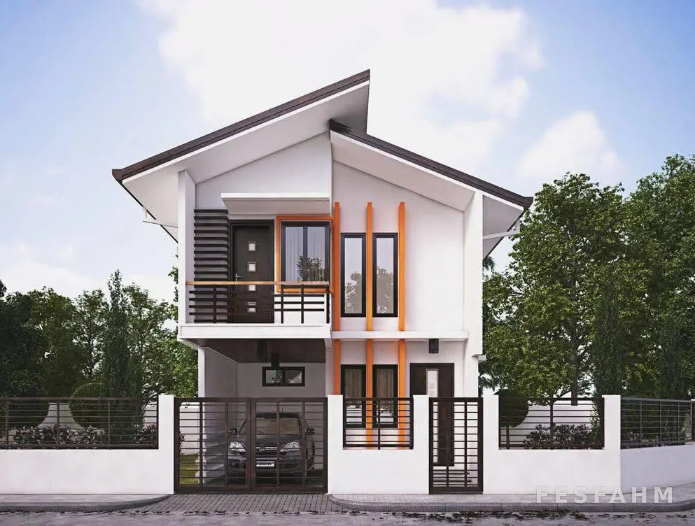 3D view of a modern two-storey white house with sloping roofs, orange accent fins, a balcony, a carport and a gated front wall